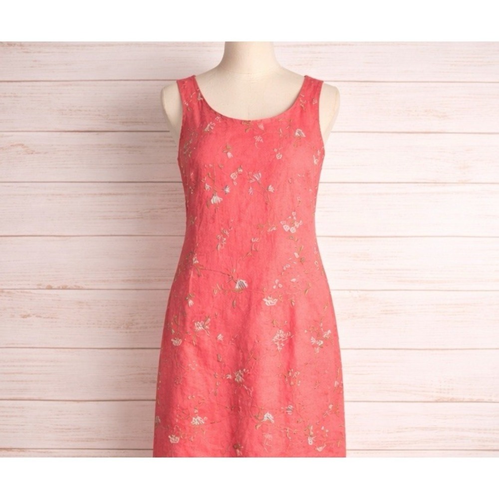Vintage 90s Linen Blend Dress 10 Minimal Floral Cottagecore‎ Pink French Summer